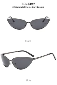 Detailed front and side view of gunmetal cat-eye sunglasses with gray polarized lenses