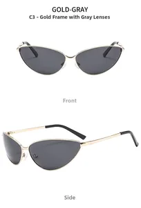 Front and side view of trendy small metal cat eye sunglasses with gray lenses and gold frame