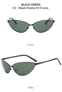 Front and side views of slim black metal cat-eye sunglasses with dark green lenses