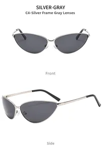 Detailed front and side view of silver metal cat-eye sunglasses with gray lenses