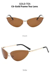 Detailed front and side views of gold cat-eye sunglasses with tea lenses