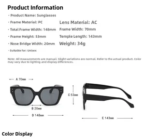 Detailed size chart for oversized polygon sunglasses with frame and lens measurements