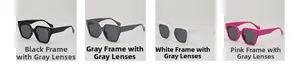 Detail view of large square sunglasses in black, grey, white and rose red with metal rivets
