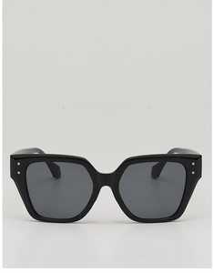 Front view of large square sunglasses with classic black frames and silver rivet details