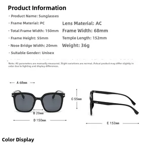 Technische Maßtabelle mit detaillierten Abmessungen für die schwarze Oversized-Sonnenbrille