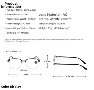 Size chart for anti-blue light reading glasses with detailed frame dimensions and lens specs