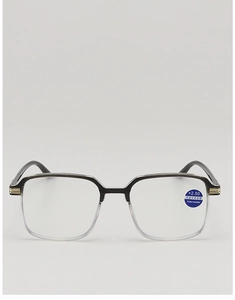 Detail of +2.50 blue light blocking lenses with gold metal accent on black reading glasses