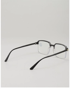 Detail of square frame reading glasses showing anti-blue light lens and durable hinges