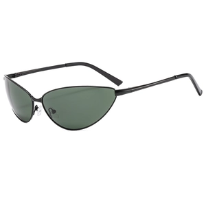 Retro slim metal cat-eye sunglasses with dark green lenses and black frames for women