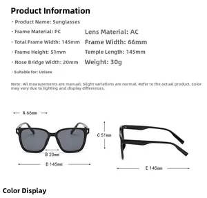 Guide des tailles détaillé pour lunettes de soleil UV400 avec monture PC et largeur 145mm