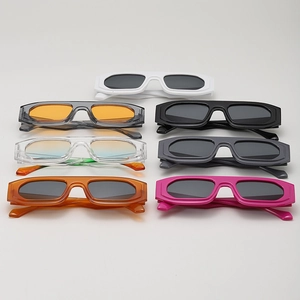 Detailed view of various colorful square frame sunglasses in multiple trendy lens colors