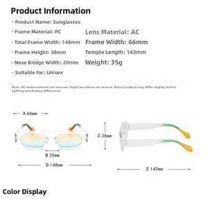 Detailed size chart for UV protection sunglasses with frame measurements and PC material
