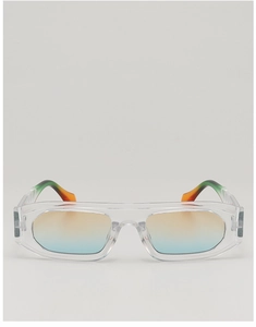 Detailed view of square transparent frames with orange to light blue gradient lenses