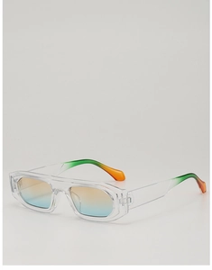 Detail of transparent rectangle sunglasses with orange-blue gradient lenses and temples