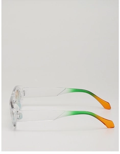 Detail of square glasses with transparent frame and green to orange gradient temples