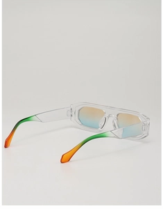 Close-up of square transparent frames with orange and blue gradient lenses