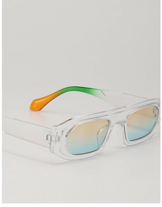 Close-up of transparent rectangle sunglasses with yellow-blue gradient lenses and green tips