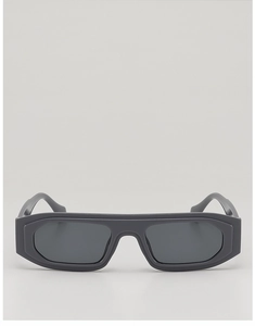 Detailed front view of modern gray rectangular sunglasses with a thick geometric matte frame