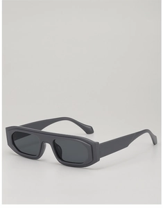 Macro shot of rectangular sunglasses with thick gray frames and dark tinted lenses