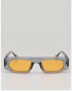 Detailed front view of translucent grey rectangular sunglasses with vibrant orange lenses