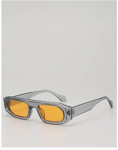 Detail of retro rectangular sunglasses with translucent grey frame and orange lenses
