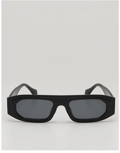 Detail shot of modern rectangular black sunglasses with dark grey lenses and chunky frame