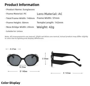Diagramma tecnico con dimensioni e specifiche per occhiali da sole ovali stile cat-eye