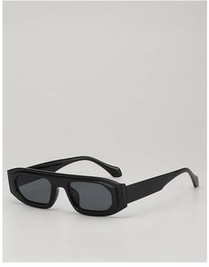Side view detail of trendy black rectangular sunglasses with thick acetate frames