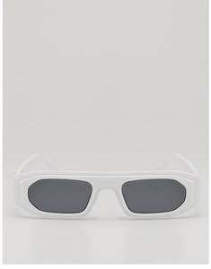 Detail of trendy white rectangular sunglasses with dark grey lenses and thick frame