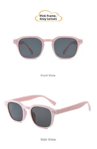 Lunettes de soleil enfant avec monture rose et verres gris, vues de face et de profil