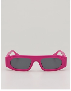 Close-up of vibrant rose pink rectangular sunglasses with dark lenses and glossy finish