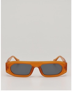 Detailed close-up of orange transparent square sunglasses with dark grey rectangular lenses