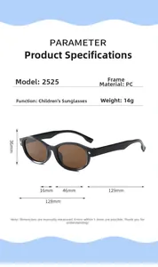 Detailed size parameters and dimensions of children's vintage black PC frame sunglasses