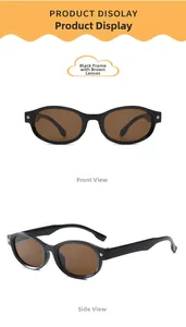 Detail view of oval black sunglasses with brown lenses and metal rivet craftsmanship