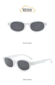 Front and side view of retro oval kids sunglasses with white frames and grey lenses