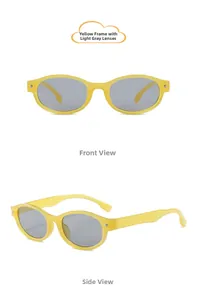 Retro oval yellow frame kids sunglasses with grey lenses showing front and side views