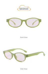 Detail view of oval kids sunglasses with translucent green frames and pink lenses
