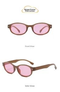 Detail view of brown oval frames and pink lenses sunglasses from front and side angles
