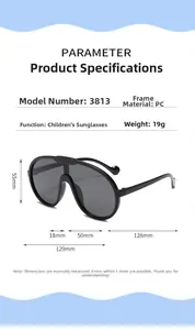 Detailed size guide for oversized kids sunglasses with 129mm frame width measurements