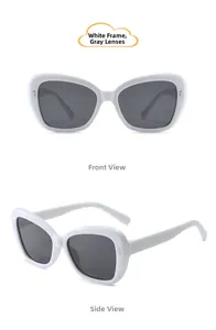 Detail of vintage oversized kids sunglasses with white frames and grey lenses in two angles