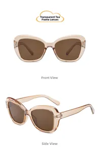 Front and side views of vintage cat-eye kids sunglasses with transparent tea resin frames
