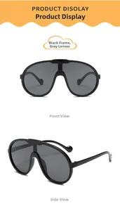Detail view of large frame kids sunglasses in black with grey lenses from front and side