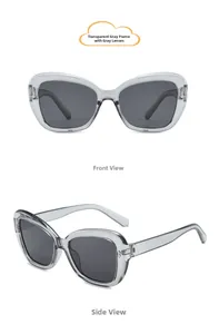 Detail view of transparent grey frame kids sunglasses with grey UV lenses and metal rivets