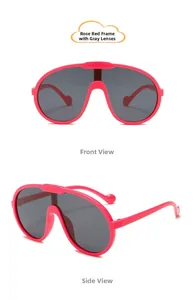 Front and side view of trendy rose red oversized kids sunglasses with gray unibody lenses
