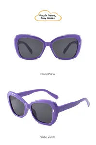 Front and side views of purple frame sunglasses with grey lenses for girls