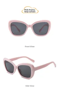 Detailed views of pink cat-eye sunglasses with gray lenses and silver rivet accents