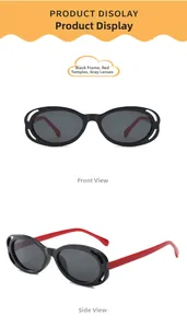 Détail de lunettes de soleil rétro pour enfants avec monture noire et branches rouges, UV