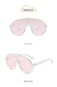 Front and side views of large-frame kids sunglasses with transparent pink lenses