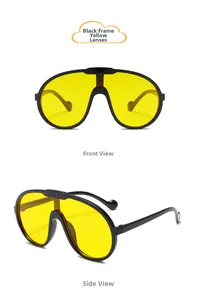 Detail view of large-frame kids' sunglasses in black with yellow transparent lenses
