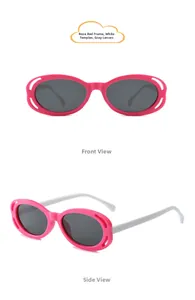 Vues de face et de côté de lunettes de soleil ovales roses pour enfants avec branches blanches